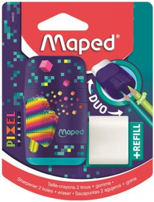 Hegyező és radír, kétlyukú, tartályos, pótradírral, MAPED "Pixel Party Connect"